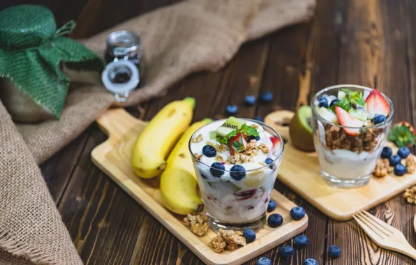 Berries, Board, kiwi, strawberry, bananas, glasses, different, dessert