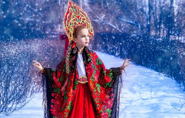 Picture winter, snow, girl, outfit, shawl, ethno, kokoshnik