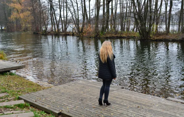 Picture autumn, girl, trees, reverie, river, bridges