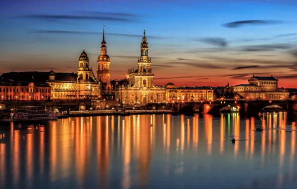 The sky, night, bridge, lights, river, home, Germany, Dresden