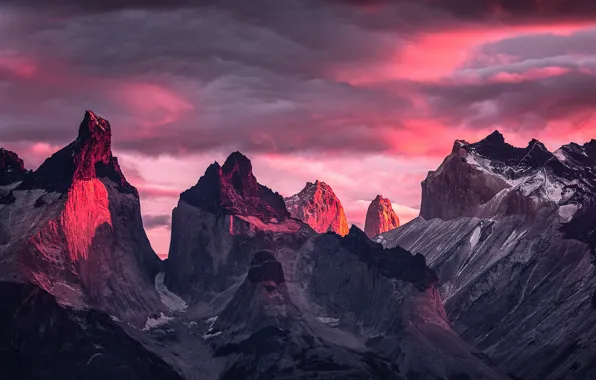 The sky, clouds, sunset, mountains, tops, lighting, Andes, Patagonia