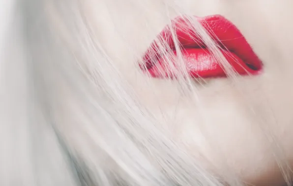 Picture close-up, lips, close-up, white hair, lips, white hair, bright lipstick, part of the face