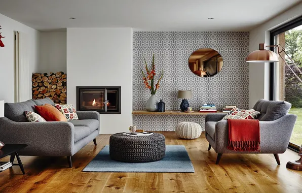 Design, room, interior, fireplace, retro style, living room, Mid-century modern, accent chair style