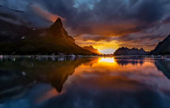 Landscape, sunset, mountains, lake, Norway, Pure