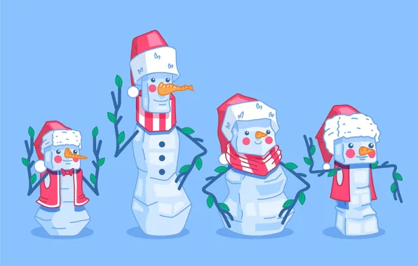 Branches, graphics, robots, Christmas, New year, snowmen, snowman, blue background