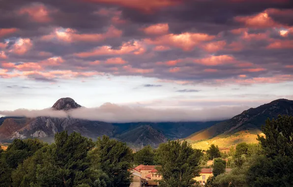 The sky, clouds, light, trees, mountains, fog, hills, view
