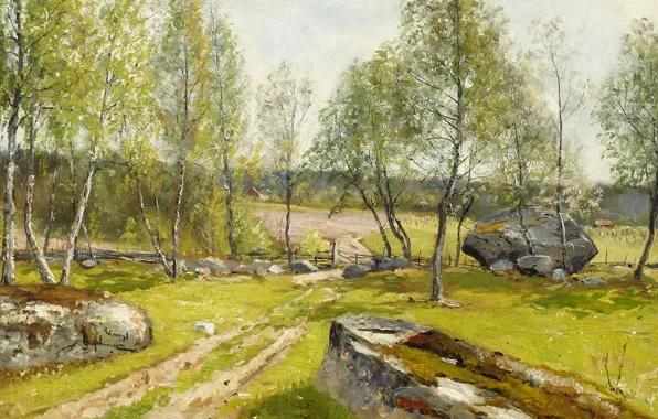 Picture 1900, Swedish artist, Swedish painter, Olof Hermelin, Birches in the yard, Birch trees at the …