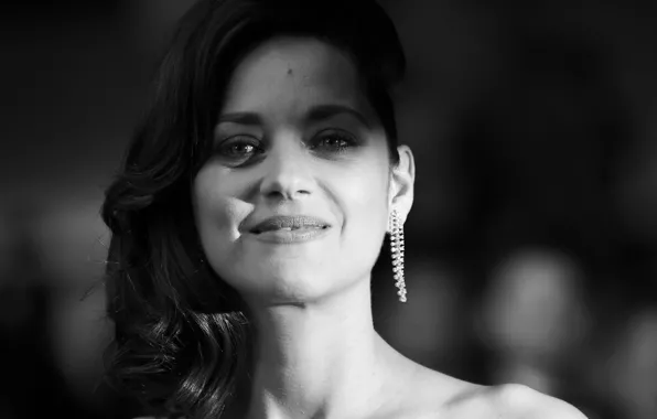 Pose, actress, brunette, hair, Marion Cotillard, black and white, Marion Cotillard