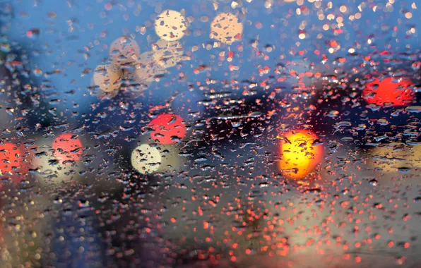Picture glass, water, drops, lights, lights, rain, rain, night