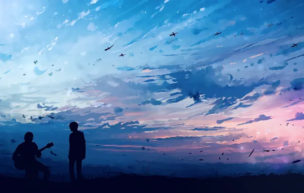 Sunset, nature, guitar, guys