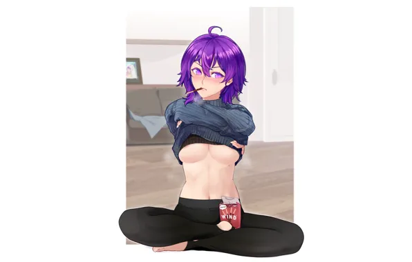Kawaii, anime, cute, sitting, tummy, purple hair, shy, under Boobs