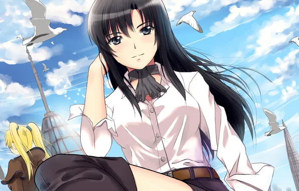 The sky, clouds, birds, the city, girls, seagulls, anime, art