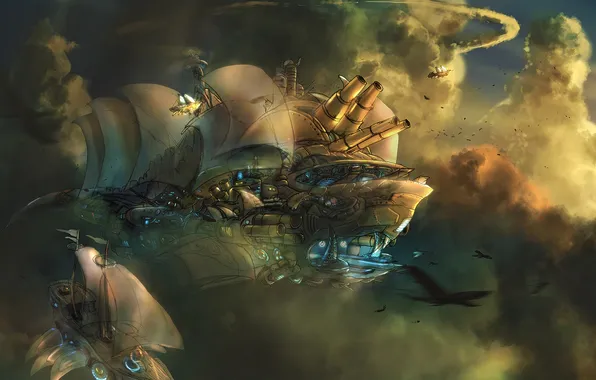 Clouds, weapons, ships, art, sails, in the sky