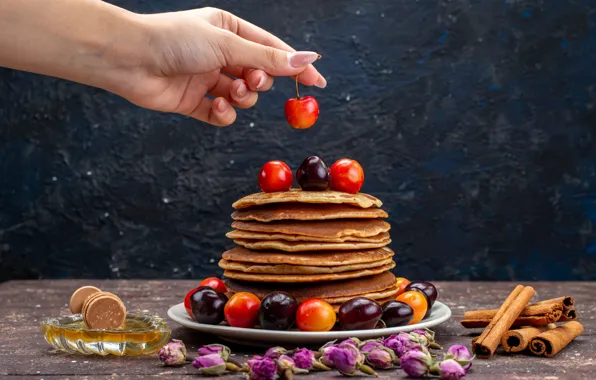 Cherry, hand, stack, pancakes, cherry, pancakes, pancakes, pancake