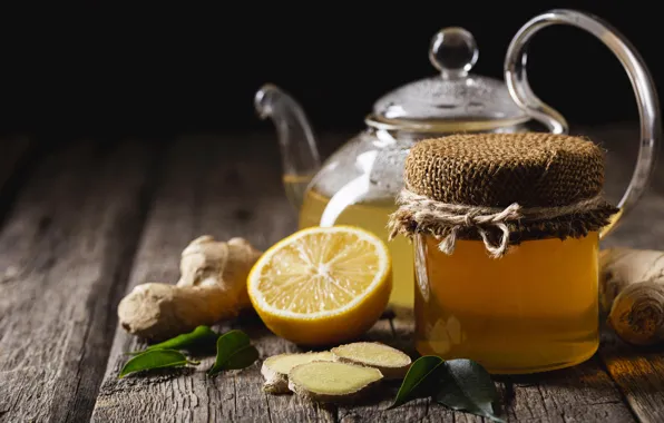Leaves, the dark background, lemon, tea, Board, glass, kettle, honey