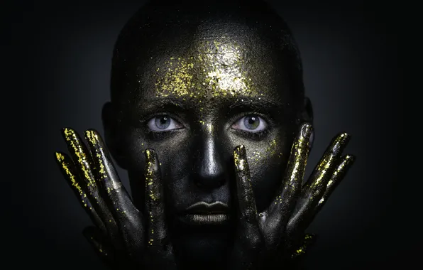 Face, hands, makeup, fingers, sequins, makeup