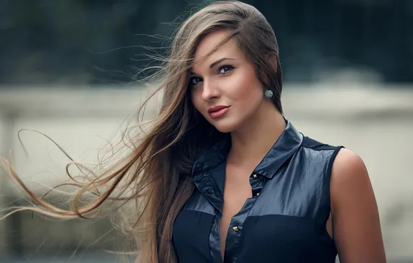 Neckline, long hair, bokeh, beautiful woman, beautiful brown-haired