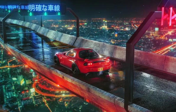 Night, bridge, the city, lights, red, Mazda, RX 7, Khyzyl Saleem
