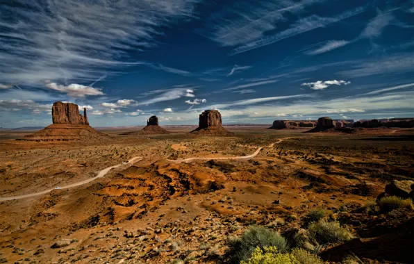 Picture the sky, grass, clouds, landscape, desert, plants, USA, monument valley