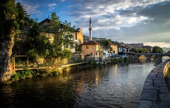 The sky, clouds, bridge, the city, building, home, river, architecture