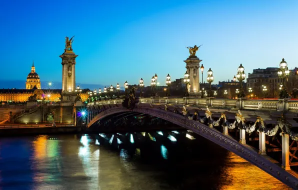 Light, bridge, the city, river, France, Paris, the evening, lighting