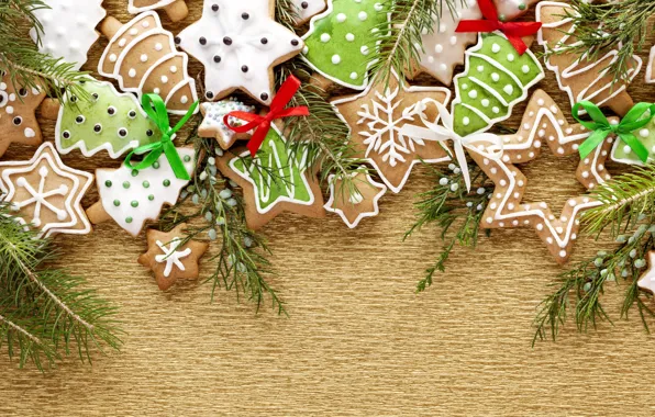 Stars, snowflakes, holiday, tree, spruce, branch, New Year, cookies