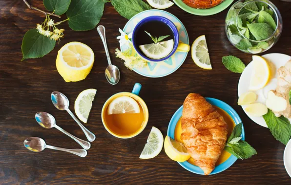 Picture leaves, table, lemon, tea, plate, spoon, Cup, the view from the top