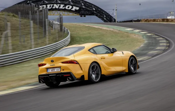 Yellow, lawn, coupe, speed, track, turn, Toyota, Supra