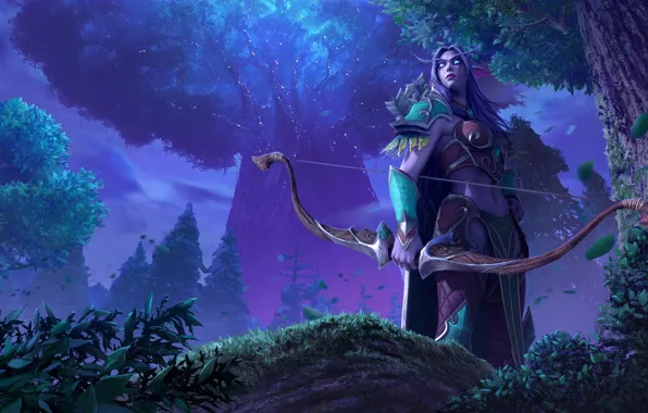 Picture forest, girl, elf, Warcraft III: Reforged