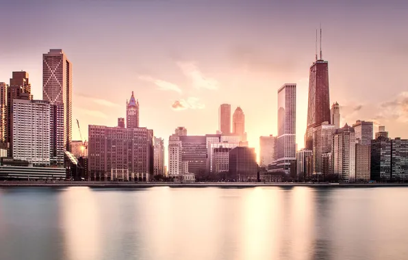Sunset, Water, Chicago, Michigan, Skyscrapers, Building, America, Il