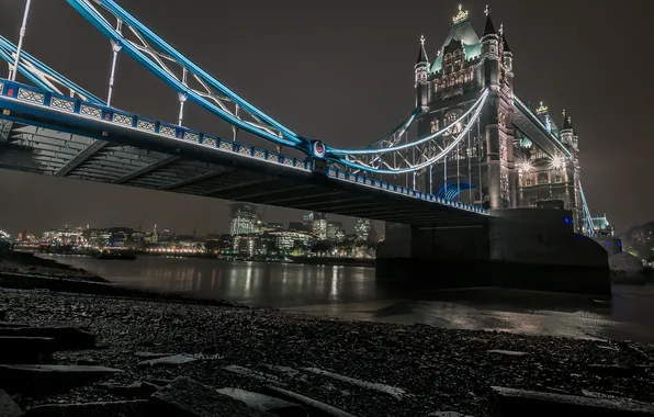 Night, bridge, lights, river, London