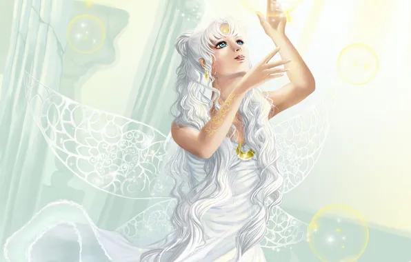 Picture look, hair, wings, dress, white, moon queen