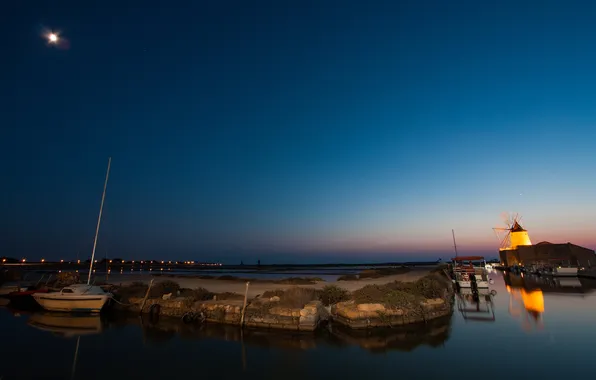 Picture night, the moon, boat, Bay, harbour, windmill