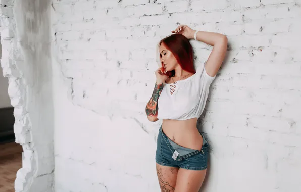 Girl, wall, tattoo, red, Anna Lebedkina, Artem Kosolapov