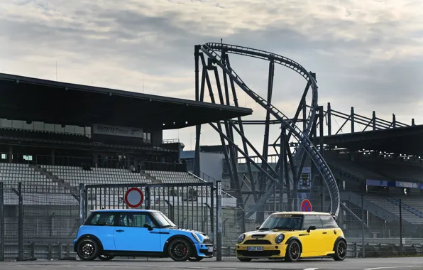 Road, Yellow, Blue, Mini Cooper, Mini Cooper, Roller coaster