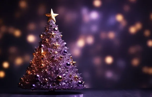 Balls, lights, the dark background, star, Shine, Christmas, purple, New year