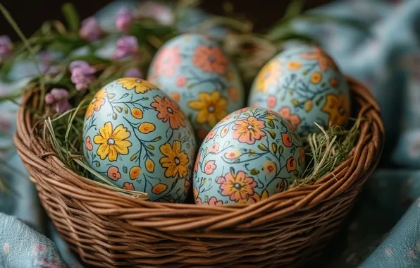 Flowers, holiday, patterns, eggs, spring, Easter, basket, ornament