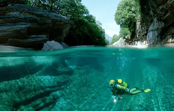 Water, mountains, river, diver