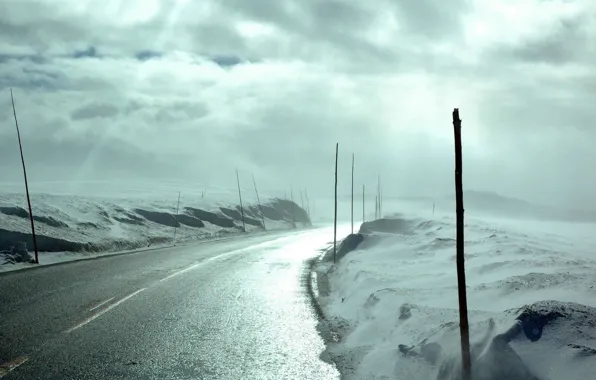 Road, the sky, clouds, light, snow, frost
