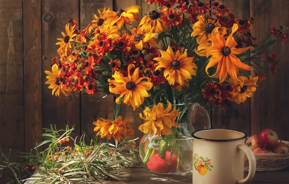 Flowers, table, apples, bouquet, mug, vase, still life, zinnia