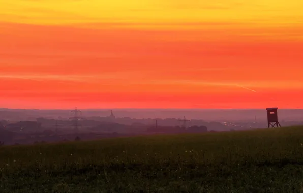 Twilight, sunset, dusk, village, countryside, power line, countryside scene