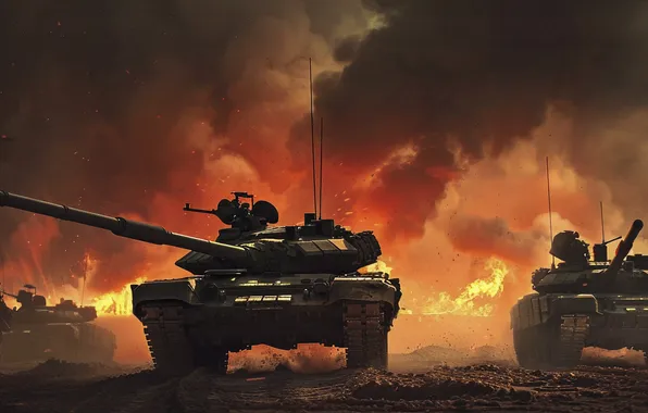 Smoke, Fire, Soldiers, Tanks, Digital art, AI art, The Art of Artificial Intelligence, Neural network