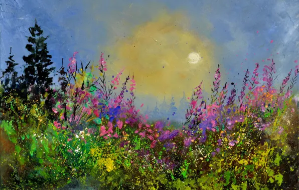Picture the sky, the sun, landscape, flowers, nature, blue, painting