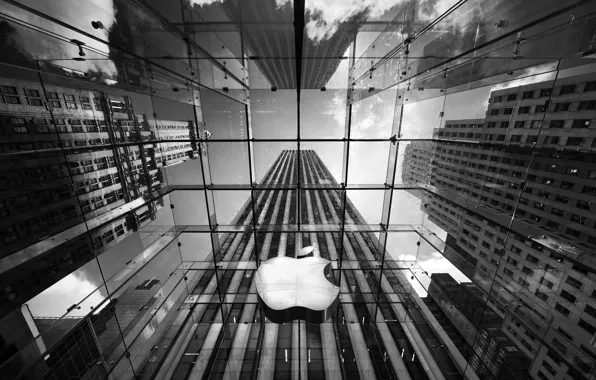 Apple, black and white, logo, skyscrapers
