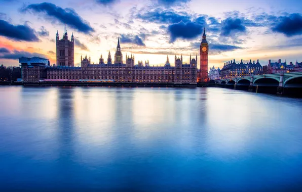 The city, river, London, Big Ben, Parliament, Velikobritaniya