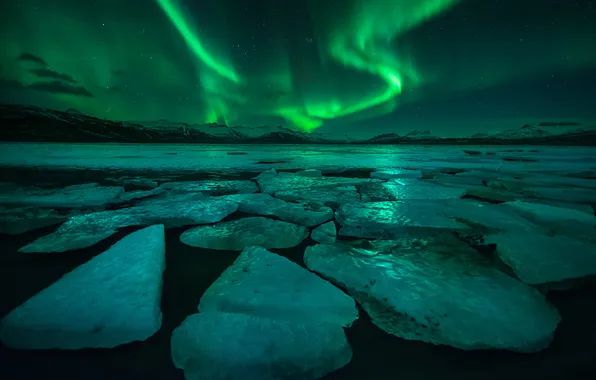 Light, night, ice, Northern lights, Iceland