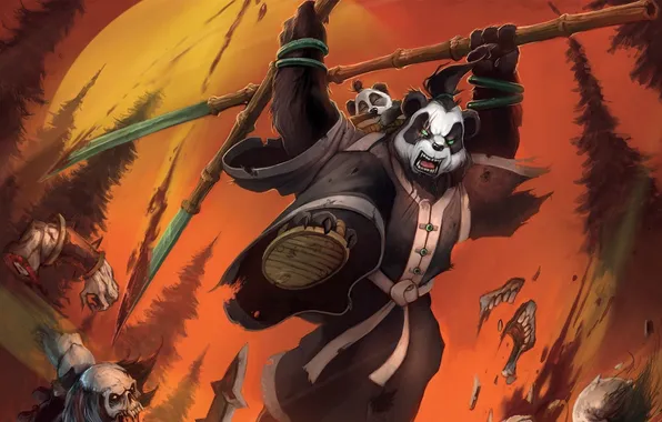 Jump, rage, Panda, World of Warcraft, scar, undead, spears, Mists of Pandaria