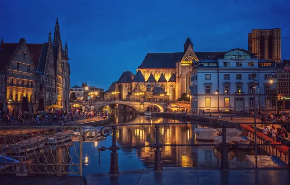 Picture bridge, the city, river, building, boats, the evening, lighting, Belgium