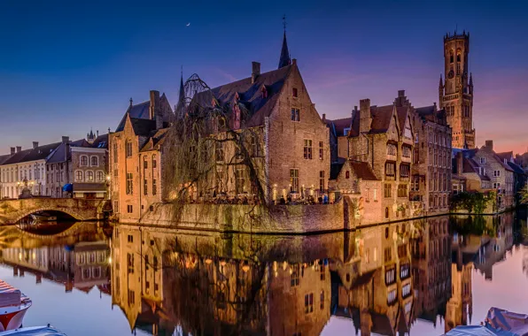 Night, bridge, lights, reflection, home, channel, Belgium, Bruges