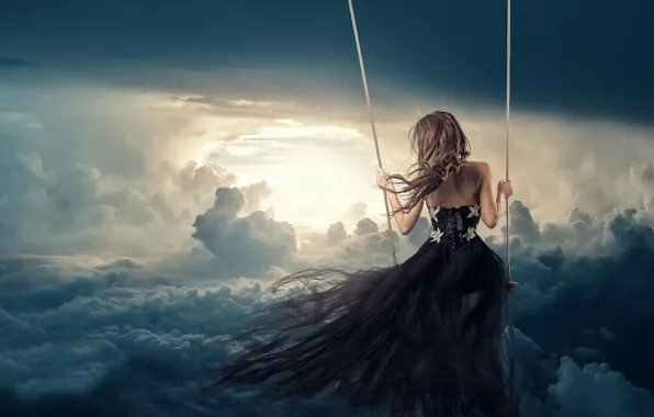 Picture the sky, girl, swing, dress